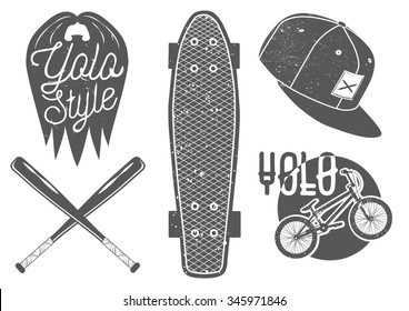 Vector set of vintage sport labels, emblems and logo. Yolo lettering and typography. Design elements skateboard, baseball bat, rap cap, bicycle, 