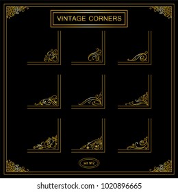 Vector set of vintage square corners for frames. Ornate floral elements, hand drawn sketch collection. Premium gold and black color
