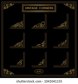 Vector set of vintage square corners for frames, cards, invitations. Ornate elements in boho style, bird feathers and tribal beads, hand drawn ethnic collection. Wave line, premium gold color
