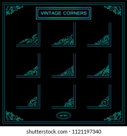 Vector set of vintage square corners for frames, cards, invitations. Ornate elements in boho style, bird feathers and tribal beads, hand drawn ethnic collection. Wave line, green and blue color 