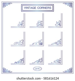 Vector set of vintage square corners for frames. Blue watercolor style art. Ornate floral elements, hand drawn sketch collection