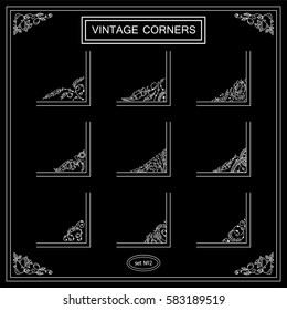 Vector set of vintage square corners for frames, cards, invitations. Ornate elements in boho style, bird feathers and tribal beads, hand drawn ethnic collection. Wave line, chalkboard black and white 