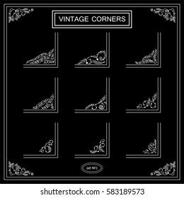 Vector set of vintage square corners for frames, cards, invitations. Ornate elements in boho style, bird feathers and tribal beads, hand drawn ethnic collection. Wave line, chalkboard black and white 