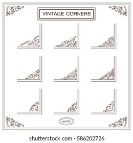 Vector set of vintage square corners for frames, cards, invitations. Ornate elements in boho style, bird feathers and tribal beads, hand drawn ethnic collection. Wave line, sepia color