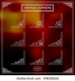 Vector set of vintage square corners for frames. Ornate floral elements, hand drawn sketch collection. White line on photo background. Perfect for photo decor 