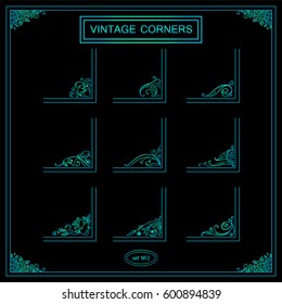Vector set of vintage square corners for frames. Ornate floral elements, hand drawn sketch collection. Ocean blue watercolor style 
