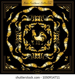 Vector set of vintage square and round frames, silhouette option. Ornamental corners, bird feathers, dividers, roosters. Frames in boho, indian, tribal style for arts, wedding card, invitation. Gold