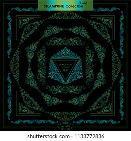 Vector set of vintage square and round frames. Ornamental corners, waves, feathers, owls, birds, clock. Elements in steampunk  style for arts, wedding card. Neon blue and green. New art in each set
