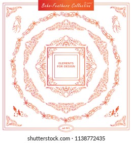 Vector set of vintage square and round frames. Ornamental corners, bird feathers, dividers, roosters. Frames in boho, indian, tribal style for arts, wedding card, invitation. Sunny orange color