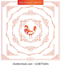 Vector set of vintage square and round frames. Ornamental corners, bird feathers, dividers, roosters. Frames in boho, indian, tribal style for arts, wedding card, invitation. Sunny orange color