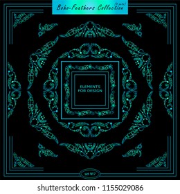 Vector set of vintage square and round frames. Ornamental corners, bird feathers, dividers. Green and blue color