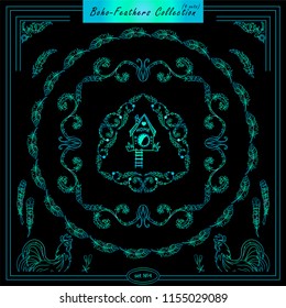 Vector set of vintage square and round frames. Ornamental corners, bird feathers, dividers, roosters. Green and blue color