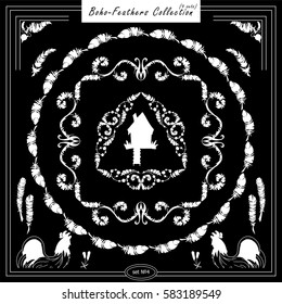 Vector set of vintage square and round frames, silhouette option. Ornamental corners, bird feathers, dividers, roosters. Frames in boho, chalkboard, tribal style for arts, wedding card, invitation 