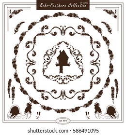 Vector set of vintage square and round frames, silhouette option. Ornamental corners, bird feathers, dividers, roosters. Frames in boho, indian, tribal style for arts, wedding card, invitation.