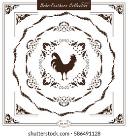 Vector set of vintage square and round frames, silhouette option. Ornamental corners, bird feathers, dividers, roosters. Frames in boho, indian, tribal style for arts, wedding card, invitation.