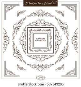 Vector set of vintage square and round frames. Ornamental corners, bird feathers, dividers, roosters. Frames in boho, indian, tribal style for arts, wedding card, invitation. High quality sketch 