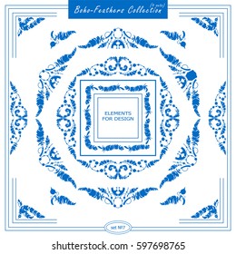 Vector set of vintage square and round frames, silhouette option. Ornamental corners, bird feathers, dividers, roosters. Frames in boho, indian, tribal style. Blue color 
