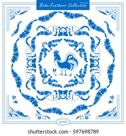 Vector set of vintage square and round frames, silhouette option. Ornamental corners, bird feathers, dividers, roosters. Frames in boho, indian, tribal style. Blue color 