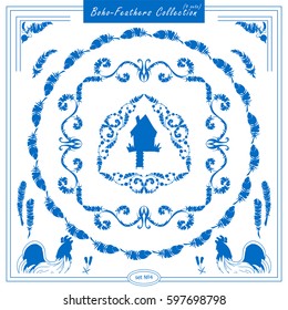Vector set of vintage square and round frames, silhouette option. Ornamental corners, bird feathers, dividers, roosters. Frames in boho, indian, tribal style. Blue color 