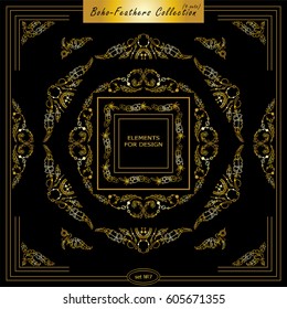 Vector set of vintage square and round frames. Ornamental corners, bird feathers, dividers, roosters. Frames in boho, indian, tribal style for arts, wedding card, invitation. Premium gold style 