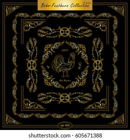 Vector set of vintage square and round frames. Ornamental corners, bird feathers, dividers, roosters. Frames in boho, indian, tribal style for arts, wedding card, invitation. Premium gold style 
