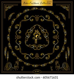 Vector set of vintage square and round frames. Ornamental corners, bird feathers, dividers, roosters. Frames in boho, indian, tribal style for arts, wedding card, invitation. Premium gold style 