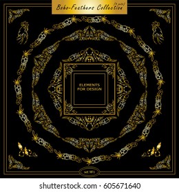 Vector set of vintage square and round frames. Ornamental corners, bird feathers, dividers, roosters. Frames in boho, indian, tribal style for arts, wedding card, invitation. Premium gold style 