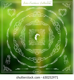 Vector set of vintage square and round frames. Ornamental corners, dividers.. Frames in boho, indian, tribal style for arts, wedding card, invitation. Different elements in each set. Set 3 from 9