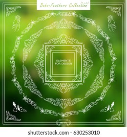 Vector set of vintage square and round frames. Ornamental corners, dividers.. Frames in boho, indian, tribal style for arts, wedding card, invitation. Different elements in each set. Set 1 from 9