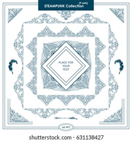 Vector set of vintage square and round frames. Ornamental corners, waves, feathers, owls, birds, clock. Elements in steampunk, tribal style for arts, wedding card. Different in each set. Set 3 from 9