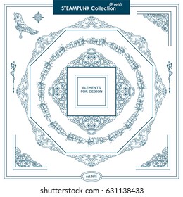 Vector set of vintage square and round frames. Ornamental corners, waves, feathers, owls, birds, clock. Elements in steampunk, tribal style for arts, wedding card. Different in each set. Set 5 from 9