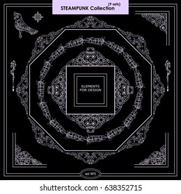 Vector set of vintage square and round frames. Ornamental corners, waves, feathers, owls, birds, clock. Elements in steampunk  style for arts, wedding card. Chalkboard design, new art in each set