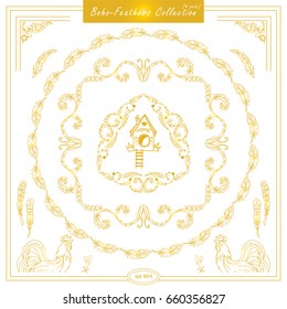 Vector set of vintage square and round frames. Ornamental corners, bird feathers. Frames in boho, indian, tribal style for arts, wedding card, invitation. Beautiful gold color