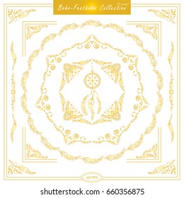 Vector set of vintage square and round frames. Ornamental corners, bird feathers. Frames in boho, indian, tribal style for arts, wedding card, invitation. Beautiful gold color