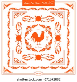 Vector set of vintage square and round frames, silhouette option. Ornamental corners, bird feathers, dividers. Frames in boho, tribal style for arts, wedding card, invitation. Bright red colors