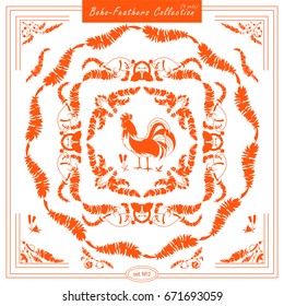 Vector set of vintage square and round frames, silhouette option. Ornamental corners, bird feathers, dividers. Frames in boho, tribal style for arts, wedding card, invitation. Bright red colors