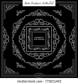 Vector set of vintage square and round frames. Ornamental corners, bird feathers, dividers, roosters. Frames in boho, indian, tribal style for arts, wedding card, invitation. Chalkboard style 