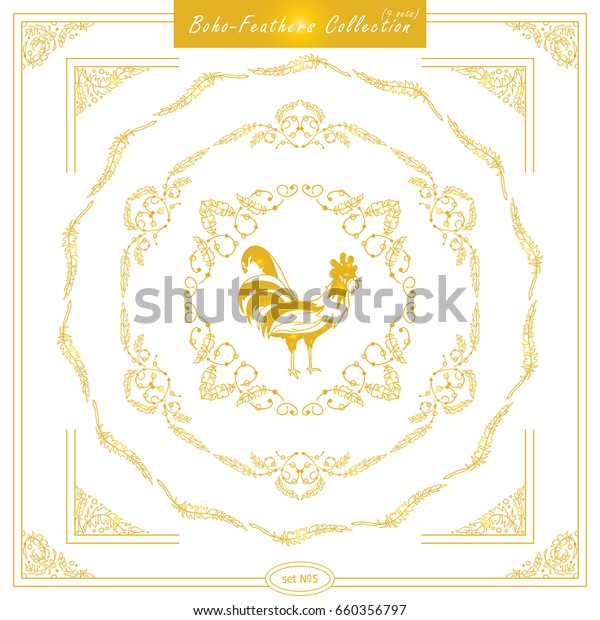 Vector set of\
vintage square and round frames. Ornamental corners, bird feathers.\
Frames in boho, indian, tribal style for arts, wedding card,\
invitation. Beautiful gold\
color