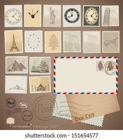 Vector set: Vintage stamp designs, envelope and postcard.