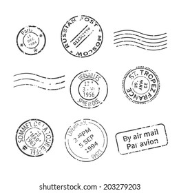 Vector set of vintage style post stamps from countries and cities around the world