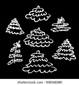 Vector set. Vintage style, template for design pattern, greeting card, elements package organic eco product  New Year, Christmas tree. Hand drawn engraving doodle sketch isolated on black background