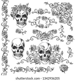 Vector set of vintage stylized skull and roses detailed ornamental elements. Hand drawn retro tattoo design.Engraved roses vignette.The set is fully editable and can be used for design and decoration