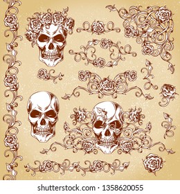 Vector set of vintage stylized skull and roses detailed ornamental elements. Hand drawn retro tattoo design.Engraved roses vignette.The set is fully editable and can be used for design and decoration