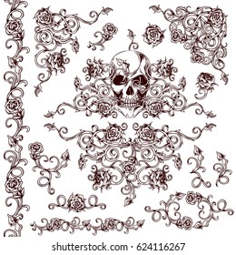 Vector set of vintage stylized skull and roses detailed ornamental elements. Hand drawn retro tattoo design.Engraved roses vignette.The set is fully editable and can be used for design and decoration