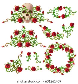 Vector set of vintage stylized skull and roses detailed ornamental elements on white background. Hand drawn retro tattoo design. The set is fully editable and can be used for design and decoration