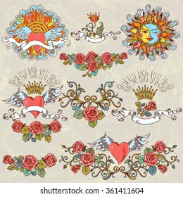 Vector set of vintage stylized winged hearts and roses. Hand drawn retro tattoo design elements. Can be used for cards, invitations, fabrics, wallpapers, ornamental template for design and decoration.