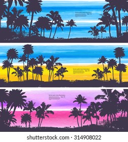 Vector set of Vintage summer banners with palm trees