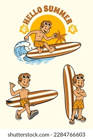 vector of Set Vintage Surfer Boy