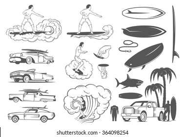 Vector set of vintage surfing graphics and elements. Surf collection retro label and elements for design logos and badges. Surfer vector on Ocean Wave in the Tube. Vintage surfing graphics car