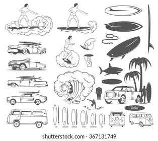 Vector set of vintage surfing graphics and elements. Surf collection retro label and elements for design logos and badges. Surfer vector  on Ocean Wave in the Tube. Vintage  surfing graphics car